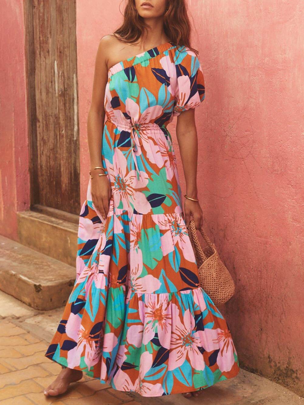 Off Shoulder Blumenkleid Damen Palmenblatt | Urlaub