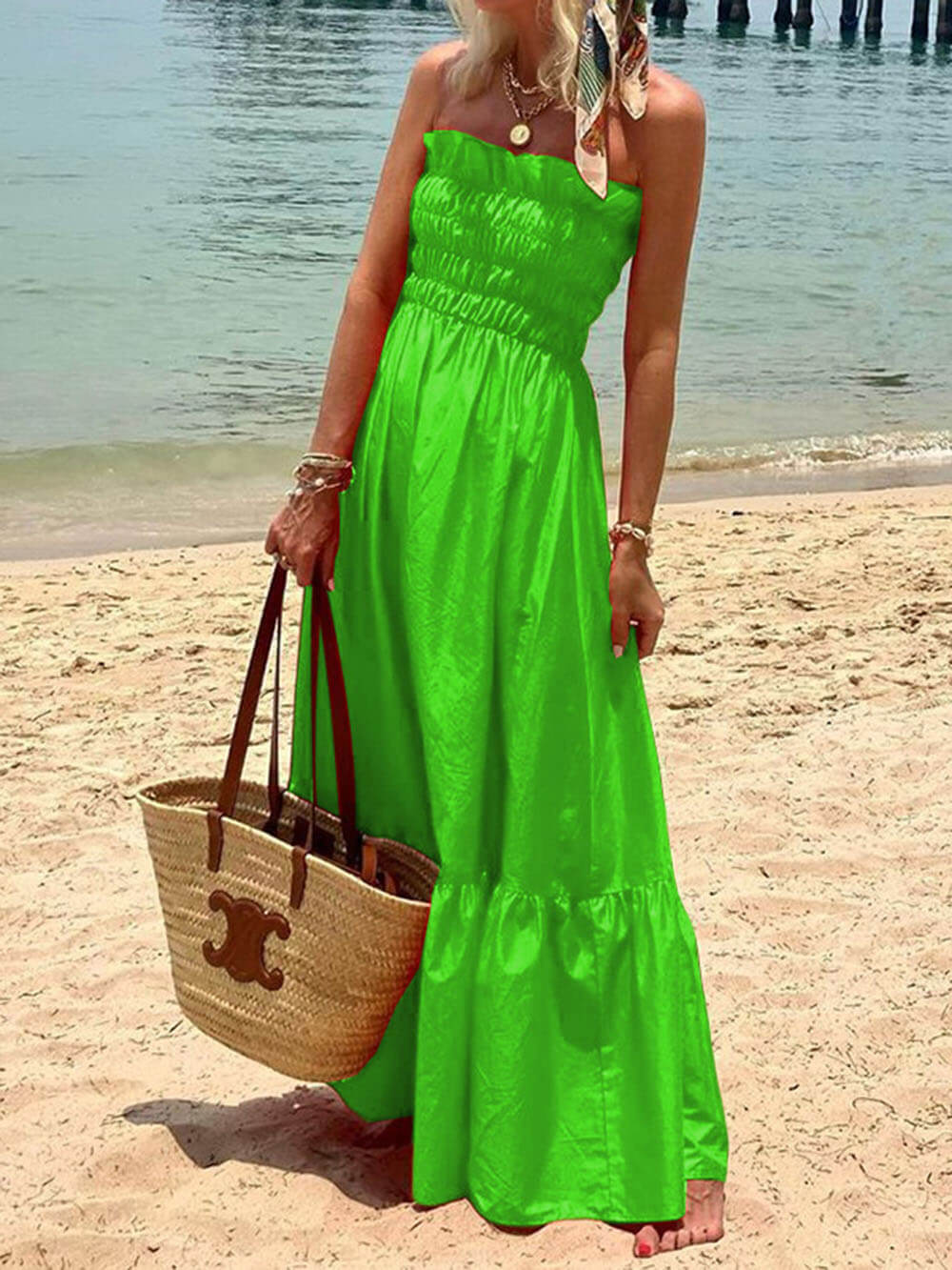 Off-Shoulder Maxikleid Damen mit Smok-Buste | Urlaub