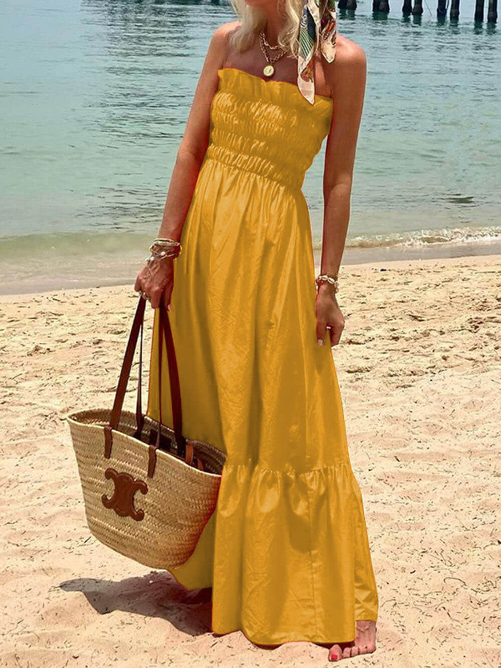 Off-Shoulder Maxikleid Damen mit Smok-Buste | Urlaub