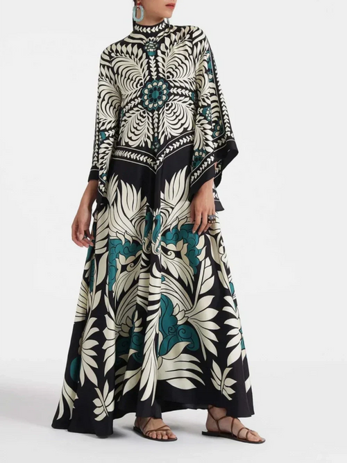 Blumen Maxikleid Damen Wasserfallärmel Elegant