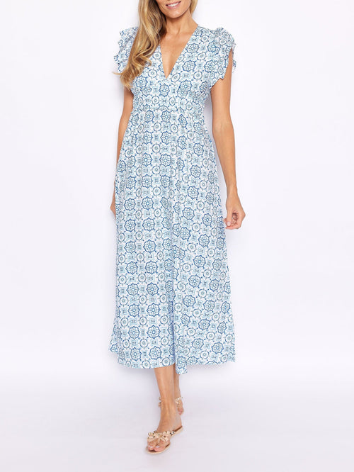 Blaues V-Ausschnitt Maxikleid Damen Medaillon Print